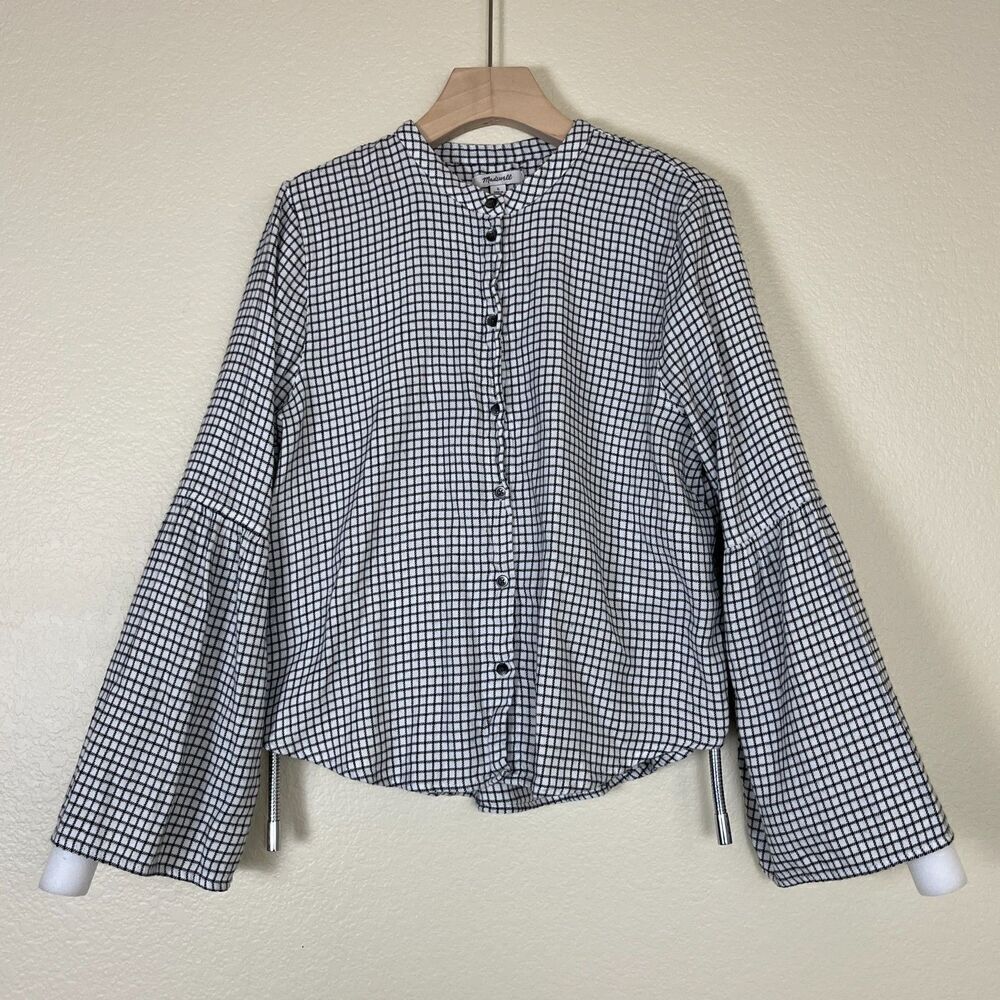 Madewell Women's Size L Windowpane Black White Plaid Long Bell Sleeve Button Up